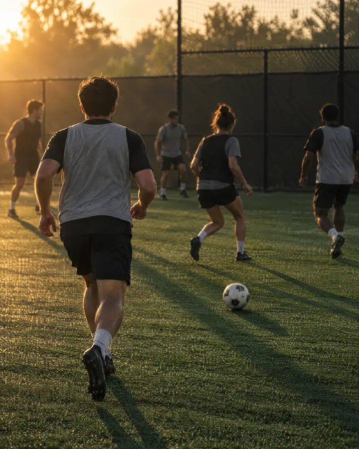 A golden-hour pickup game on turf, players in grey and black bibs